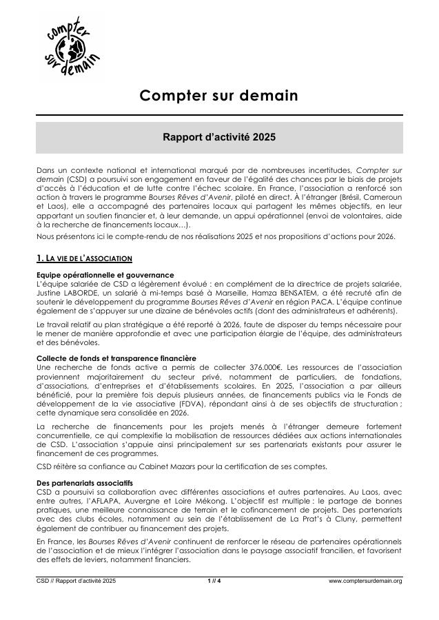Première page du rapport d’activité 2025